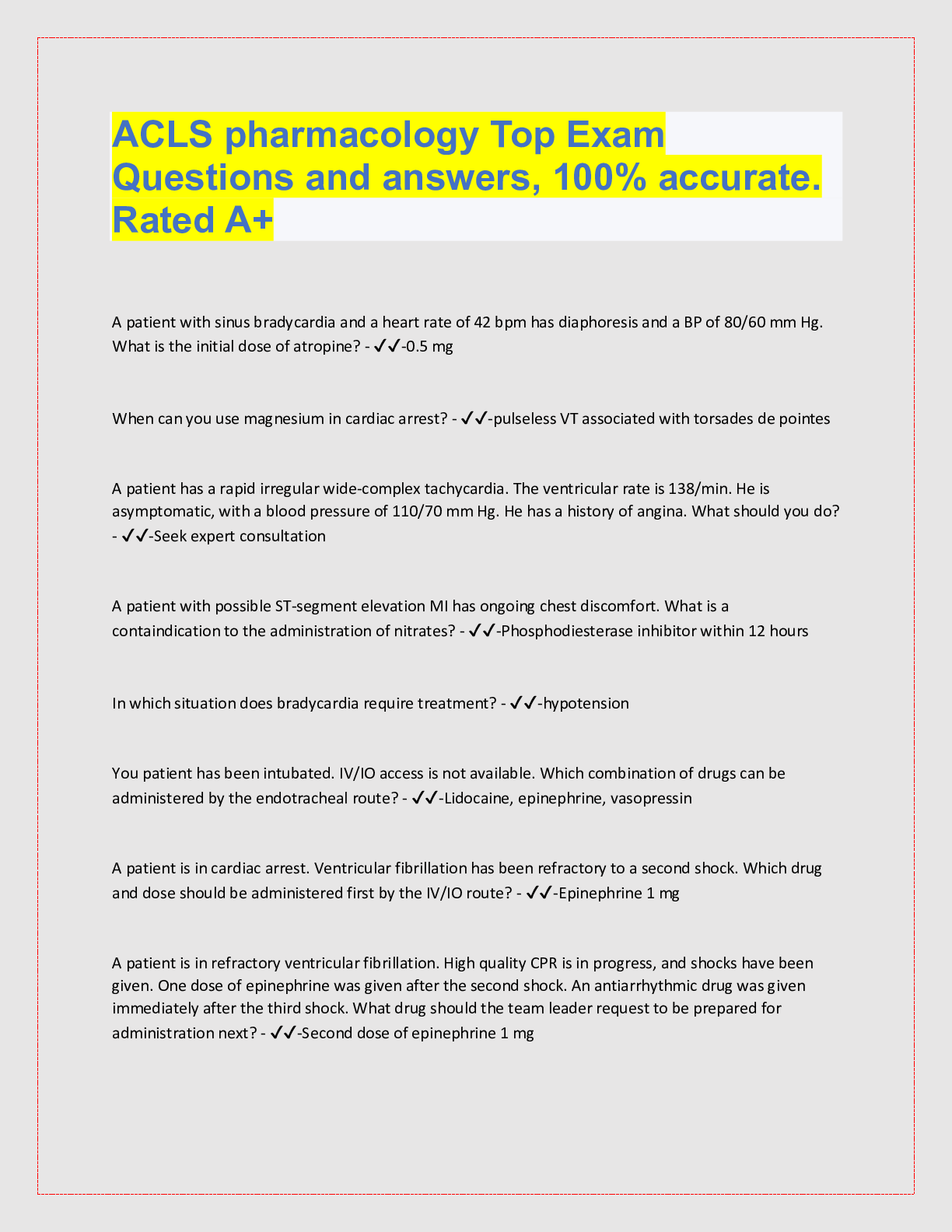 Preview image for ACLS pharmacology Top Exam  Questions and answers, 100% accurate.  Rated A+